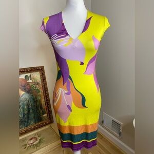 Just Cavalli Yellow and Purple Floral Midi Dress 42